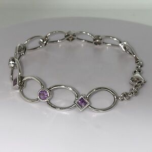 Solid 925 Sterling Silver Natural Purple Amethyst Bezel Bracelet Adjustable